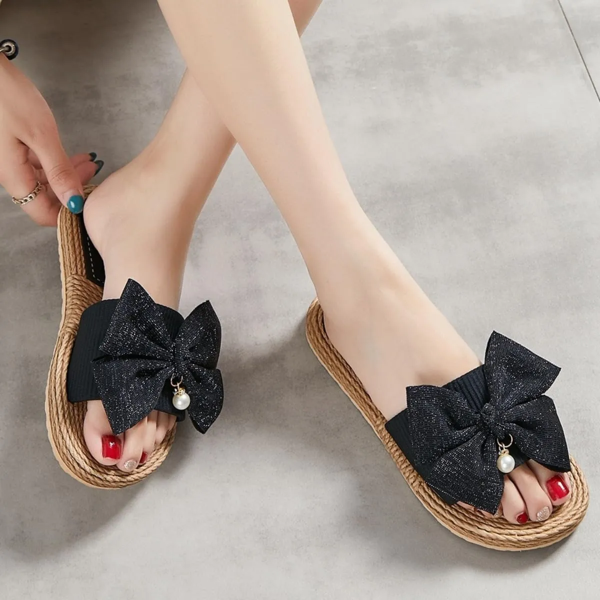 Women Bow Beach Sandals Cute Summer Pearl Straw Flats Comfortable Casual Open Toe Slides