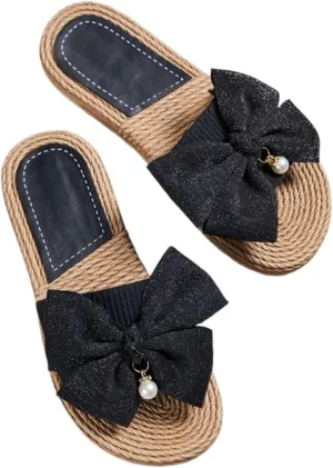 Women Bow Beach Sandals Cute Summer Pearl Straw Flats Comfortable Casual Open Toe Slides