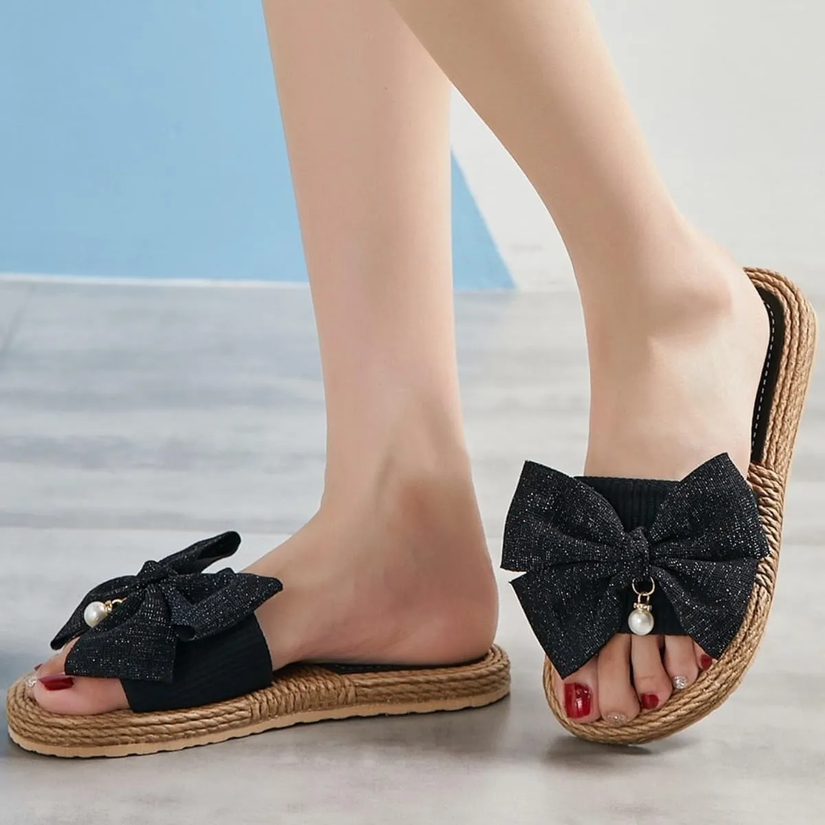 Women Bow Beach Sandals Cute Summer Pearl Straw Flats Comfortable Casual Open Toe Slides