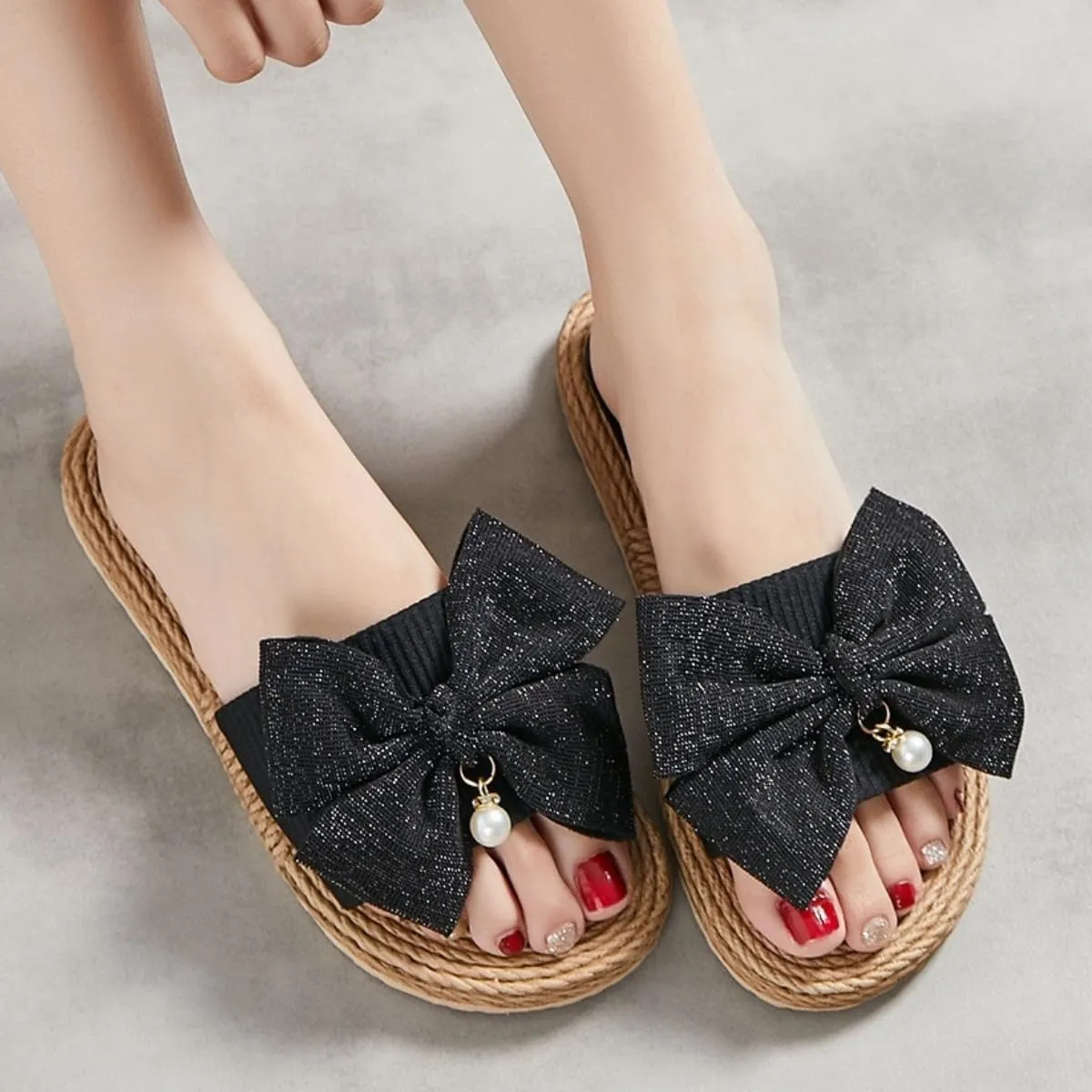 Women Bow Beach Sandals Cute Summer Pearl Straw Flats Comfortable Casual Open Toe Slides