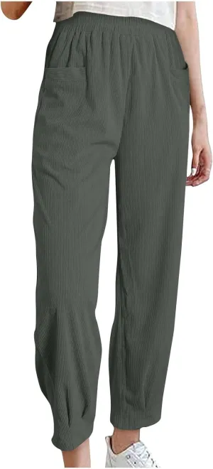 Women Corduroy Sweat Pants Solid Casual Running Hiking Pants Elastic Waisted Pocket Fall Jogger Pants