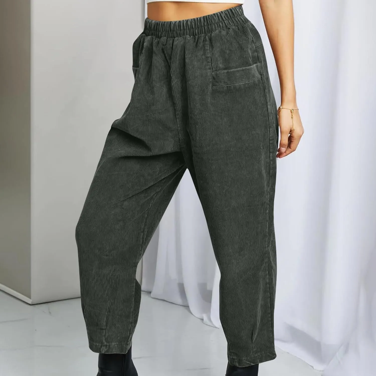 Women Corduroy Sweat Pants Solid Casual Running Hiking Pants Elastic Waisted Pocket Fall Jogger Pants