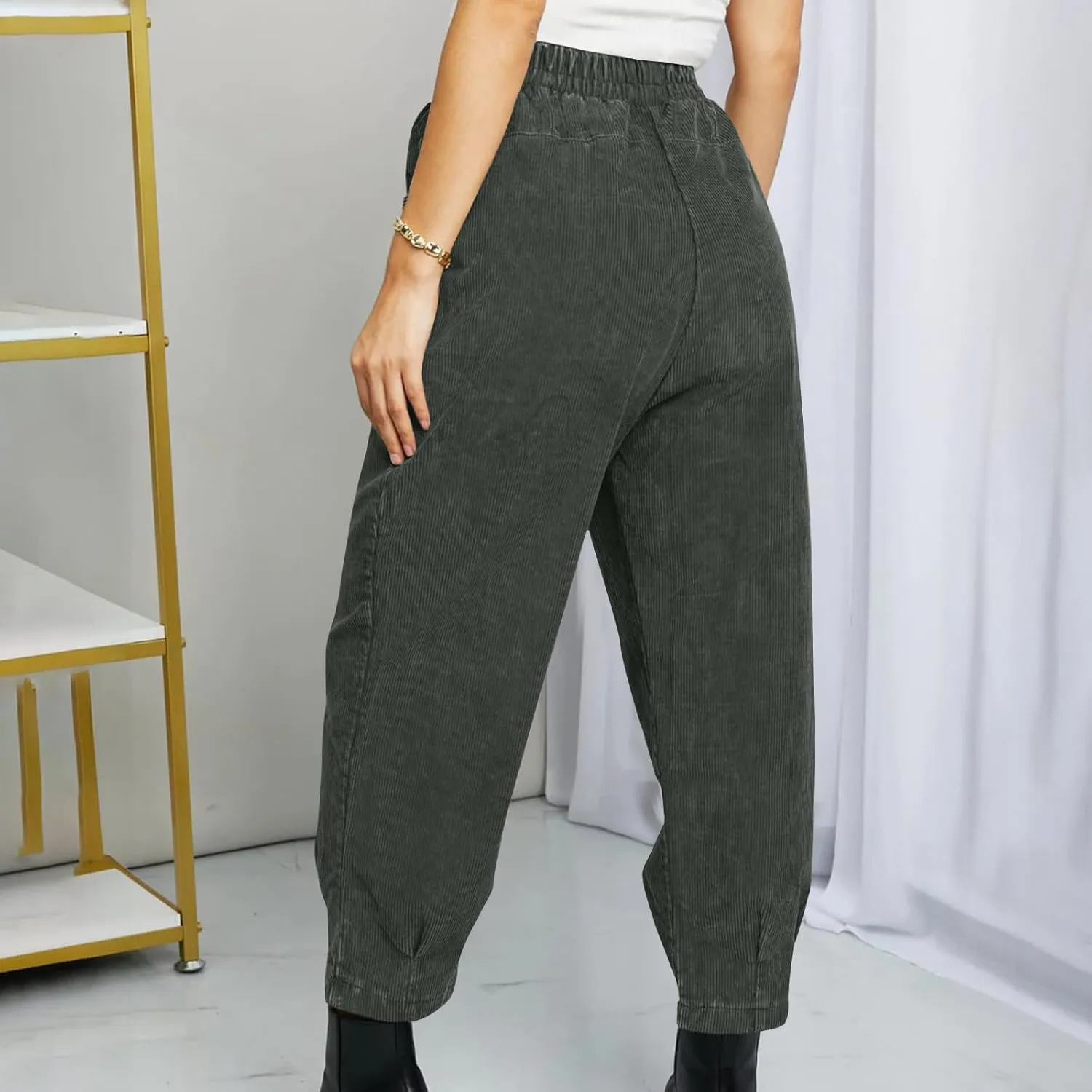 Women Corduroy Sweat Pants Solid Casual Running Hiking Pants Elastic Waisted Pocket Fall Jogger Pants