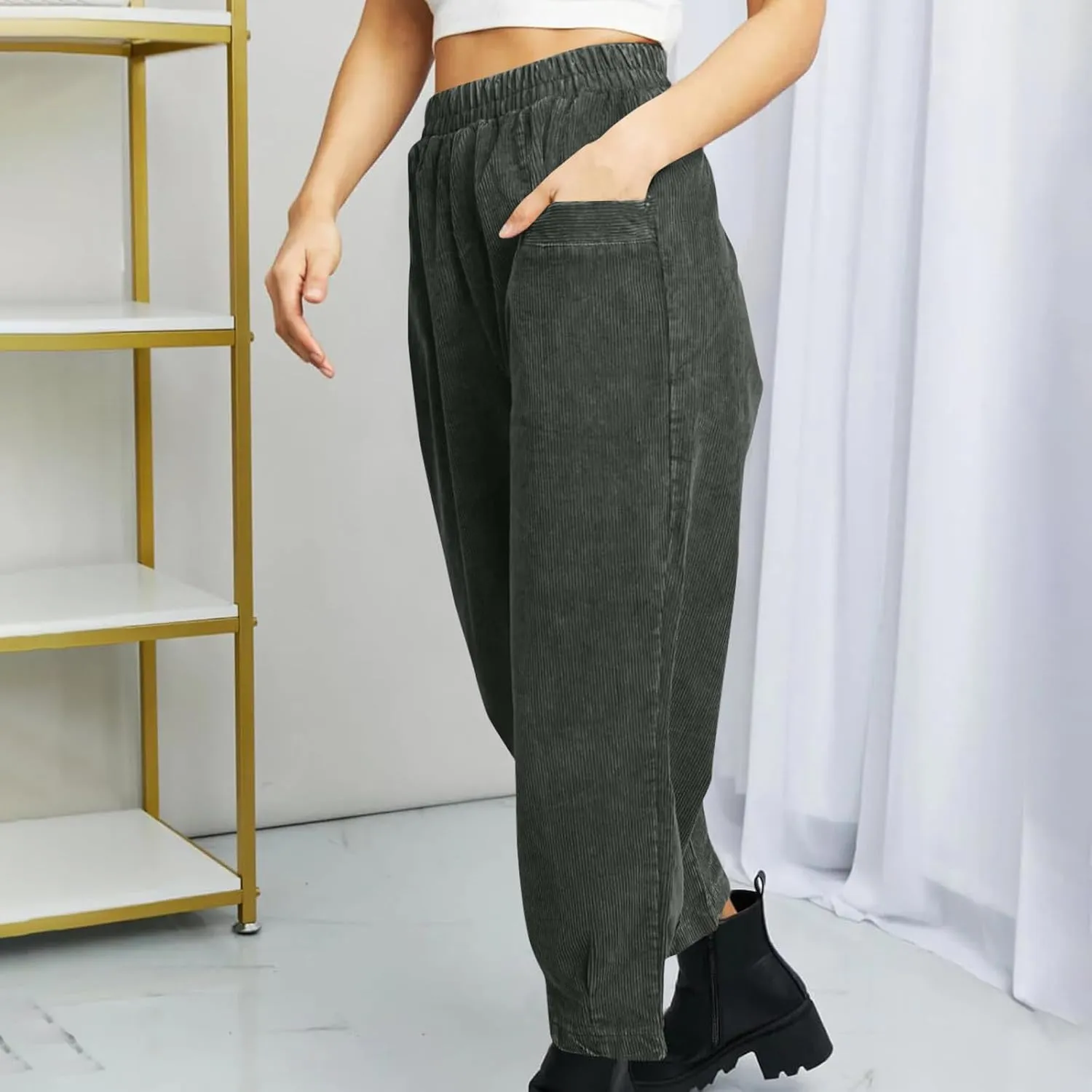 Women Corduroy Sweat Pants Solid Casual Running Hiking Pants Elastic Waisted Pocket Fall Jogger Pants
