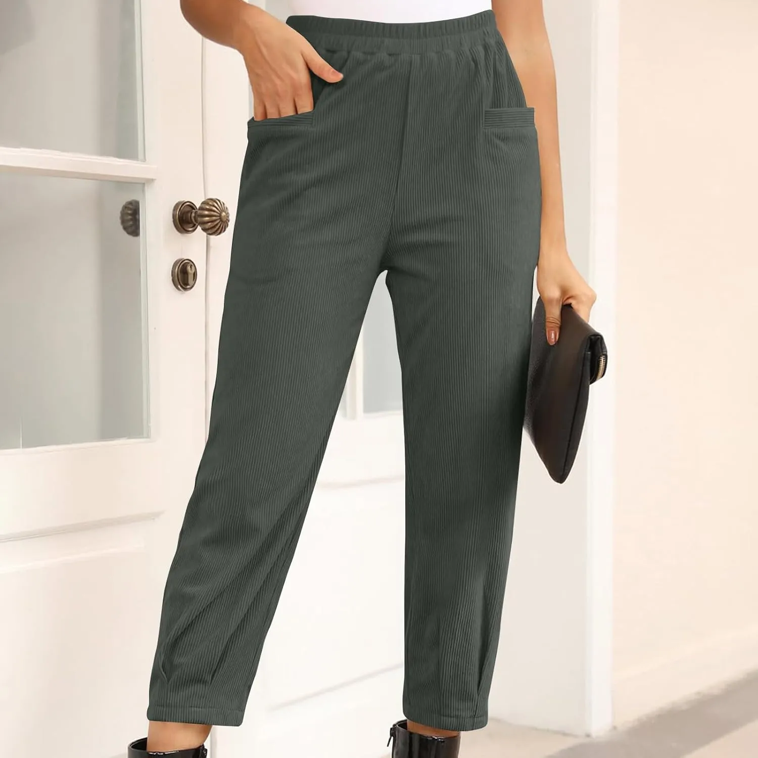 Women Corduroy Sweat Pants Solid Casual Running Hiking Pants Elastic Waisted Pocket Fall Jogger Pants