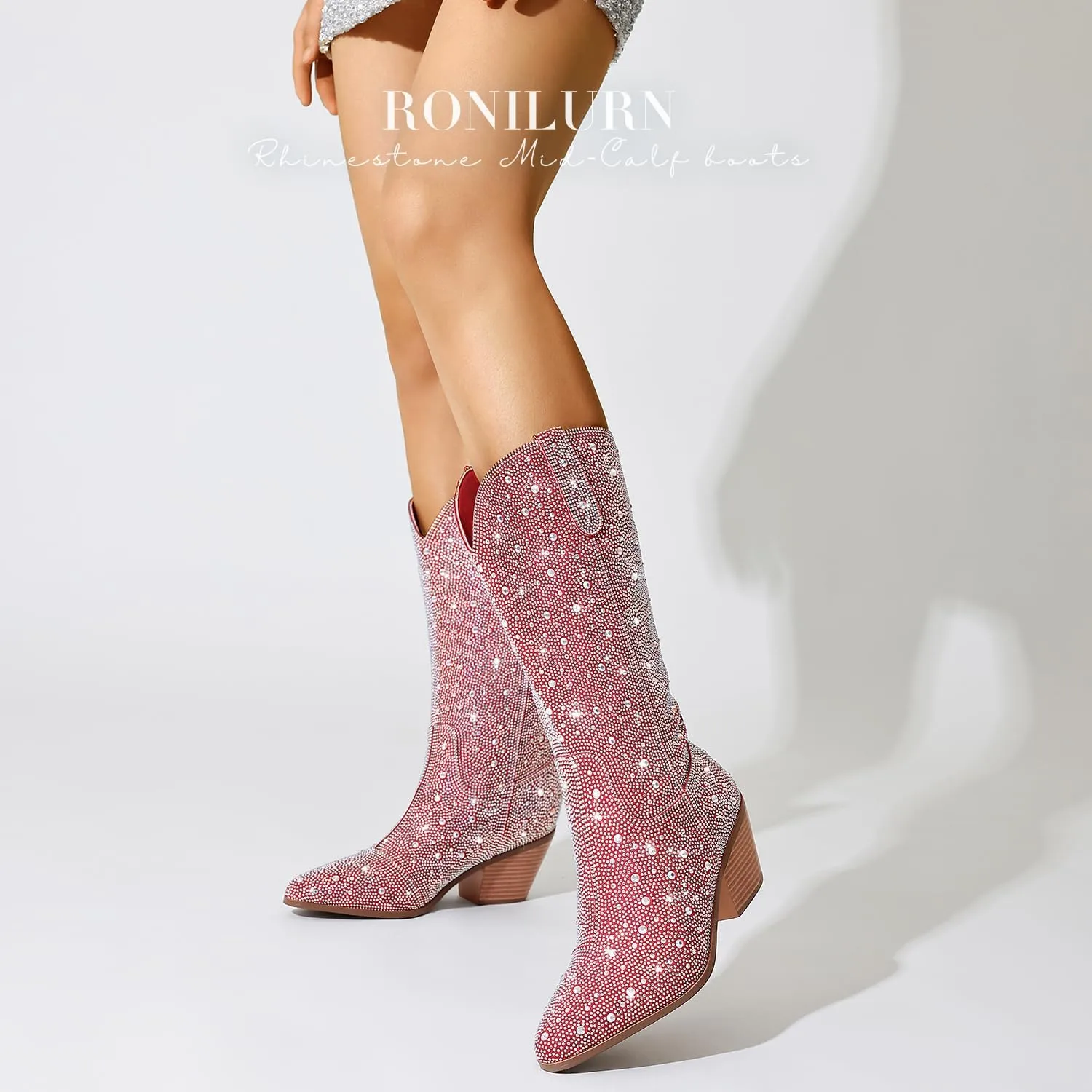 Women Cowboy Boots Cowgirl Rhinestone Mid Calf Western Boots Sparkly Glitter Boots Bling Pointed Toe Chunky Heel Pull On