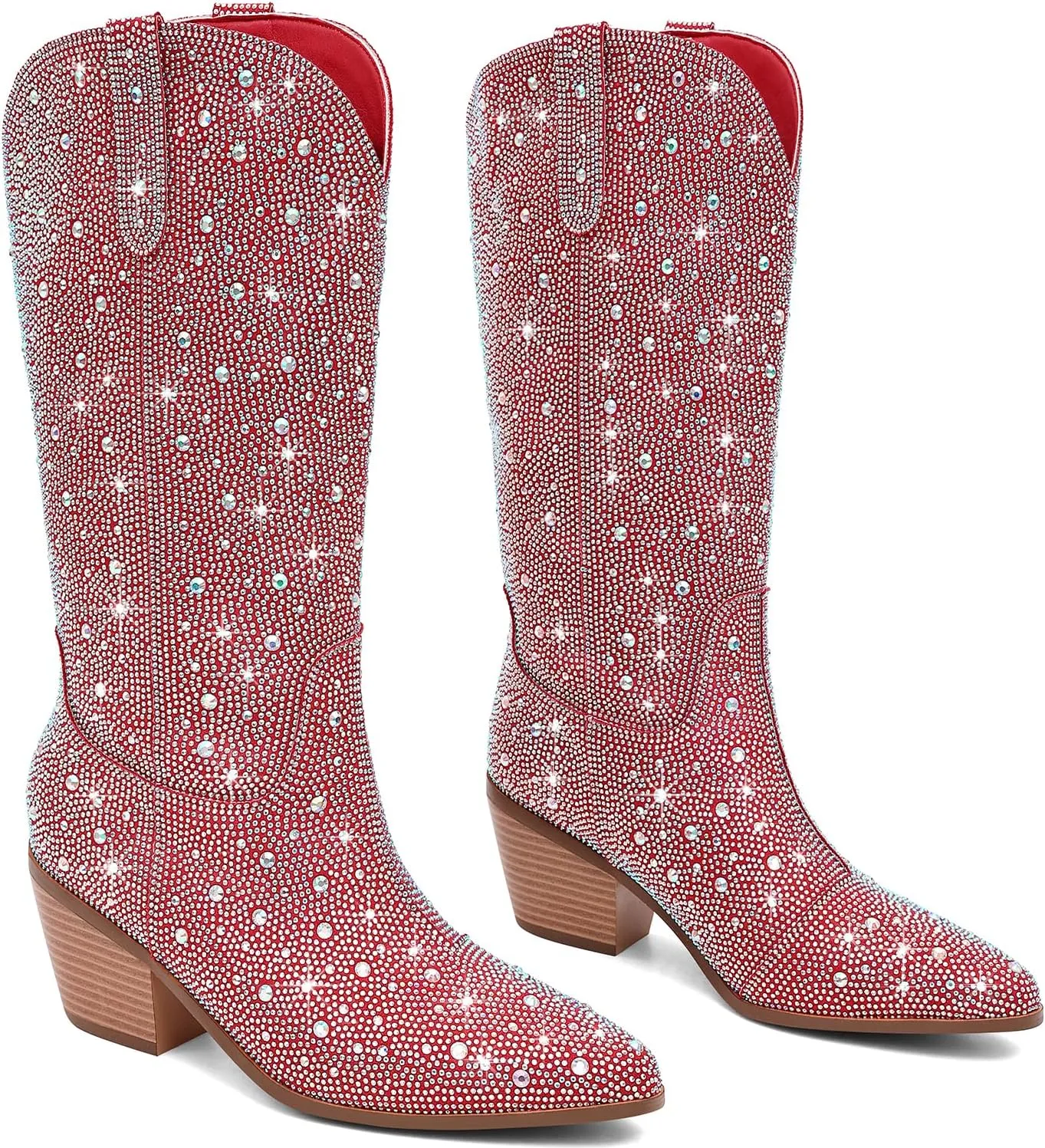 Women Cowboy Boots Cowgirl Rhinestone Mid Calf Western Boots Sparkly Glitter Boots Bling Pointed Toe Chunky Heel Pull On