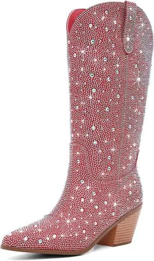 Women Cowboy Boots Cowgirl Rhinestone Mid Calf Western Boots Sparkly Glitter Boots Bling Pointed Toe Chunky Heel Pull On