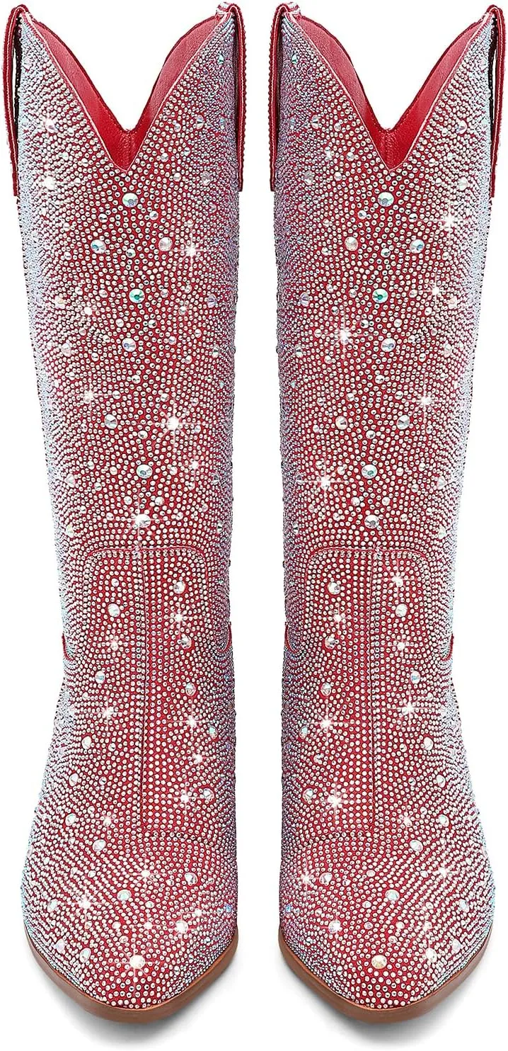 Women Cowboy Boots Cowgirl Rhinestone Mid Calf Western Boots Sparkly Glitter Boots Bling Pointed Toe Chunky Heel Pull On