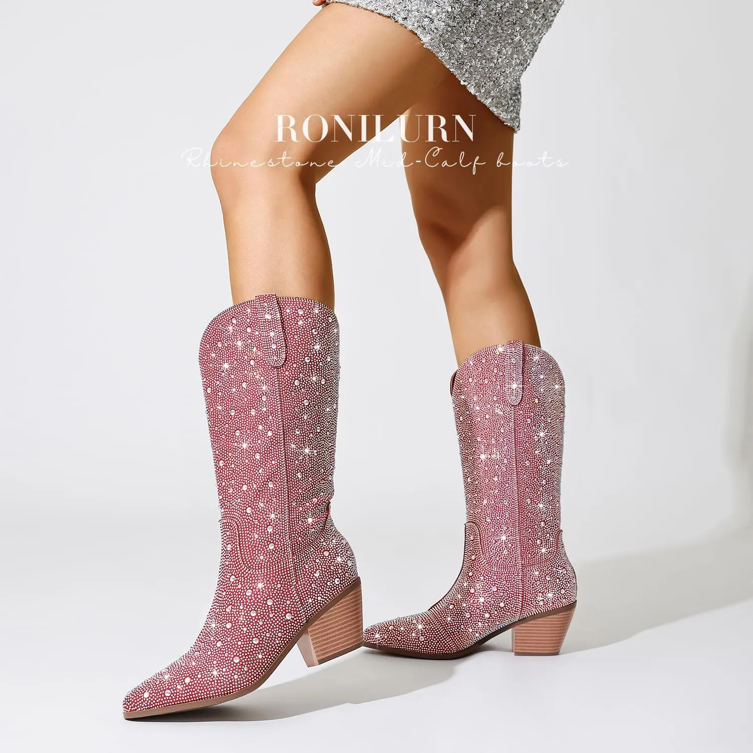 Women Cowboy Boots Cowgirl Rhinestone Mid Calf Western Boots Sparkly Glitter Boots Bling Pointed Toe Chunky Heel Pull On