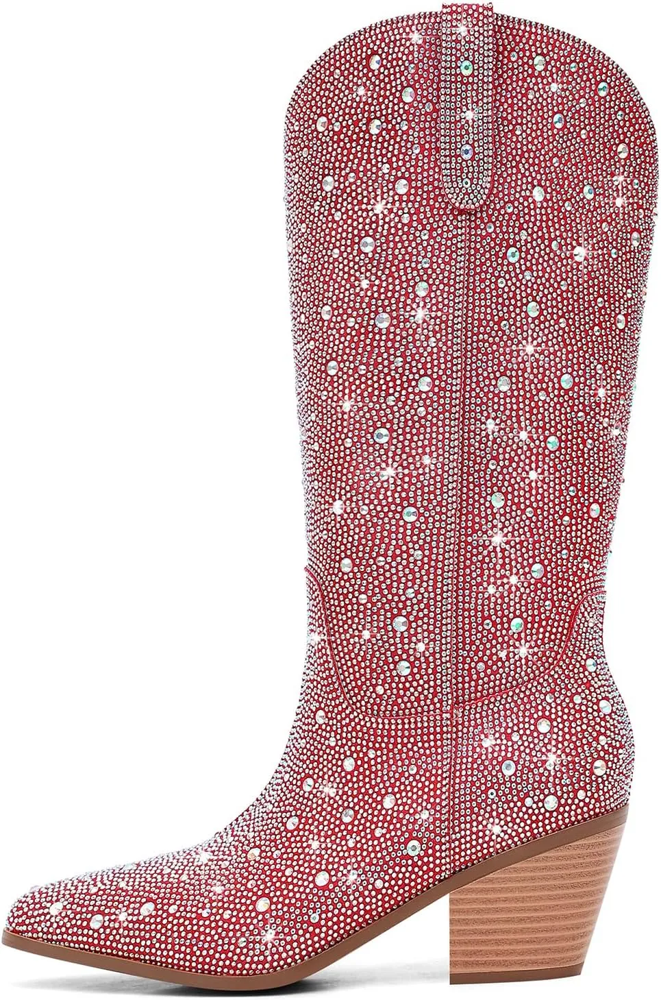 Women Cowboy Boots Cowgirl Rhinestone Mid Calf Western Boots Sparkly Glitter Boots Bling Pointed Toe Chunky Heel Pull On