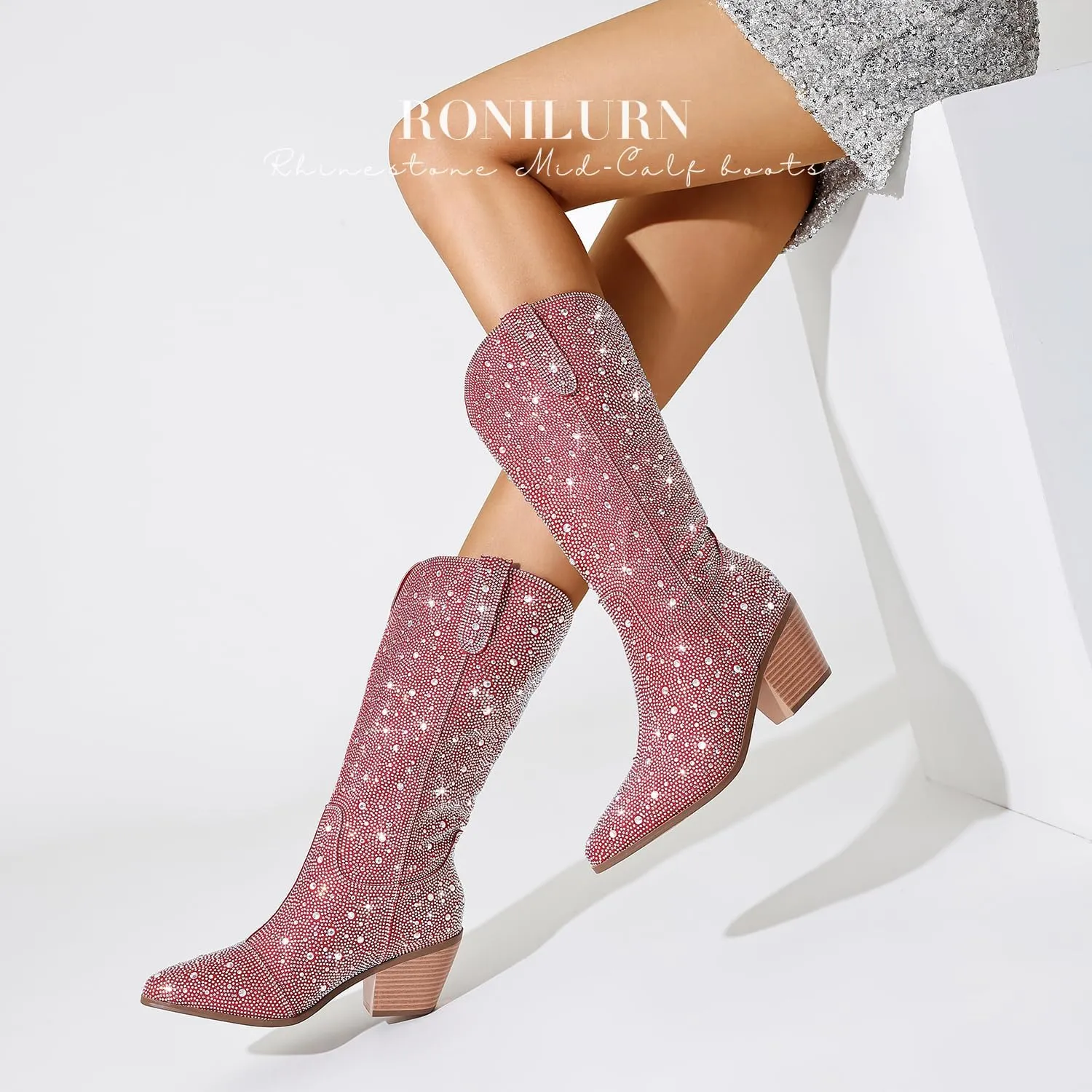 Women Cowboy Boots Cowgirl Rhinestone Mid Calf Western Boots Sparkly Glitter Boots Bling Pointed Toe Chunky Heel Pull On
