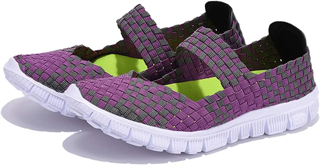 Women Elastic Woven Walking Shoes Flats Sandals,Comfy Casual Non Slip Lightweight Breathable Mary Jane Sneakers Nurse Shoes