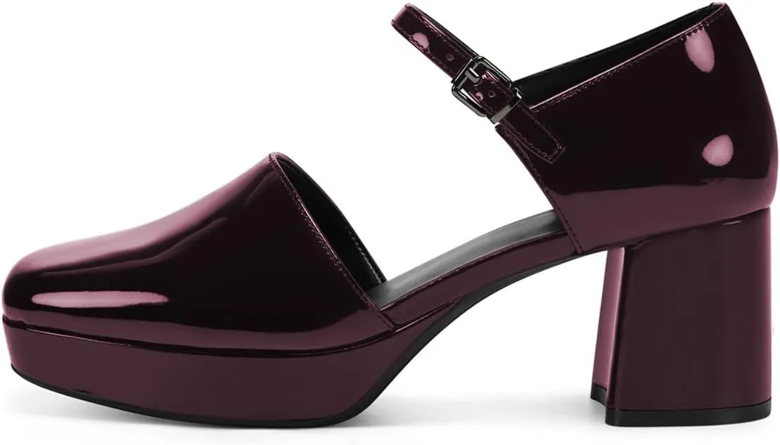 Women Elegant Chunky Mid Heel Ankle Strap Buckle Platform Mary Jane Pumps Closed Square Toe Dinner Event Party Sandals Size 4-16 US