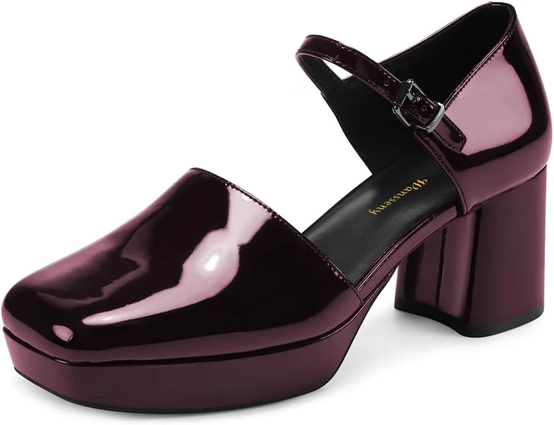Women Elegant Chunky Mid Heel Ankle Strap Buckle Platform Mary Jane Pumps Closed Square Toe Dinner Event Party Sandals Size 4-16 US
