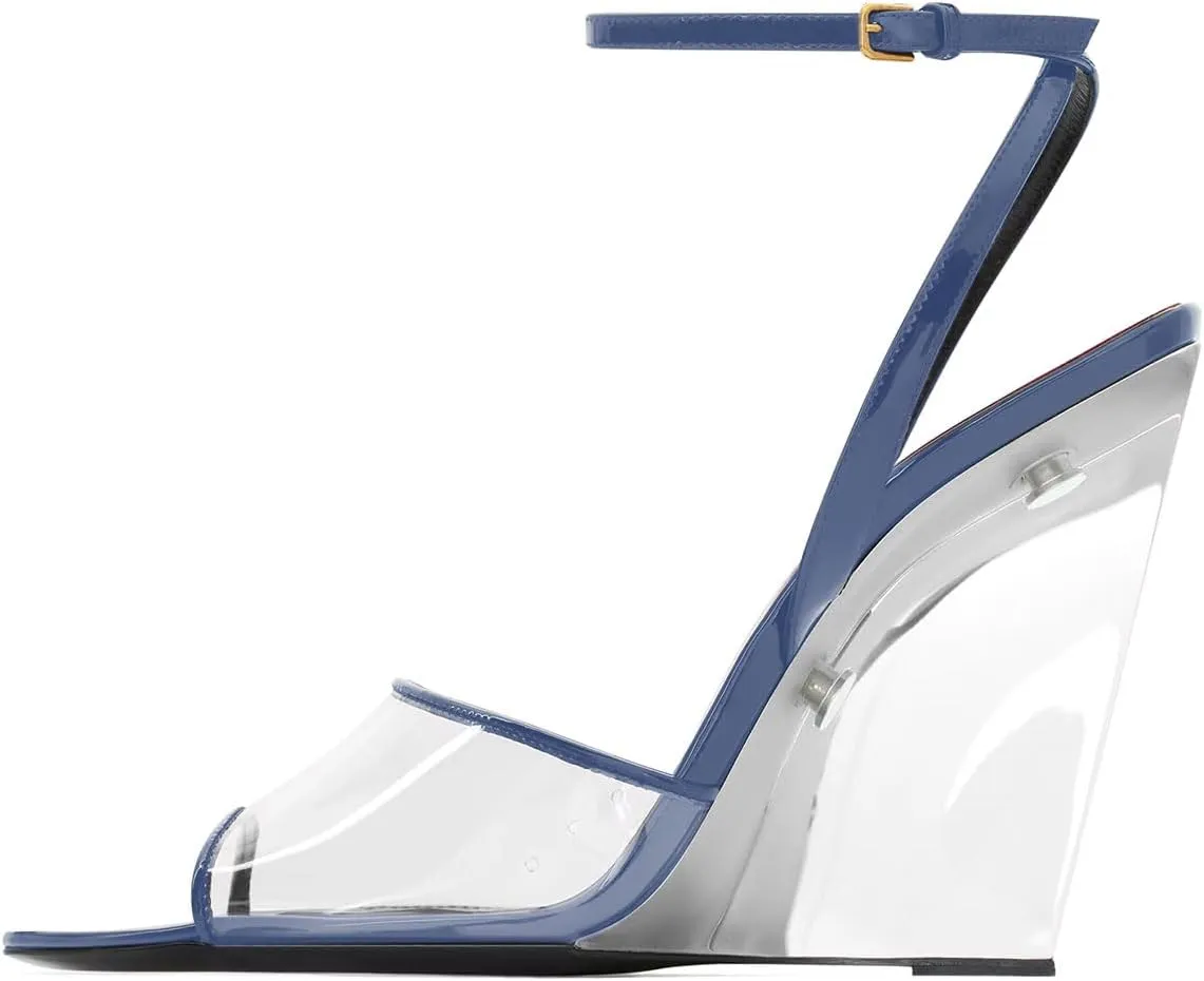 Women Fashion High Heel Transparent Wedge Summer Sandals Patent Ankle Straps with Buckle Sexy Peep Toe Sandals 5-12 US