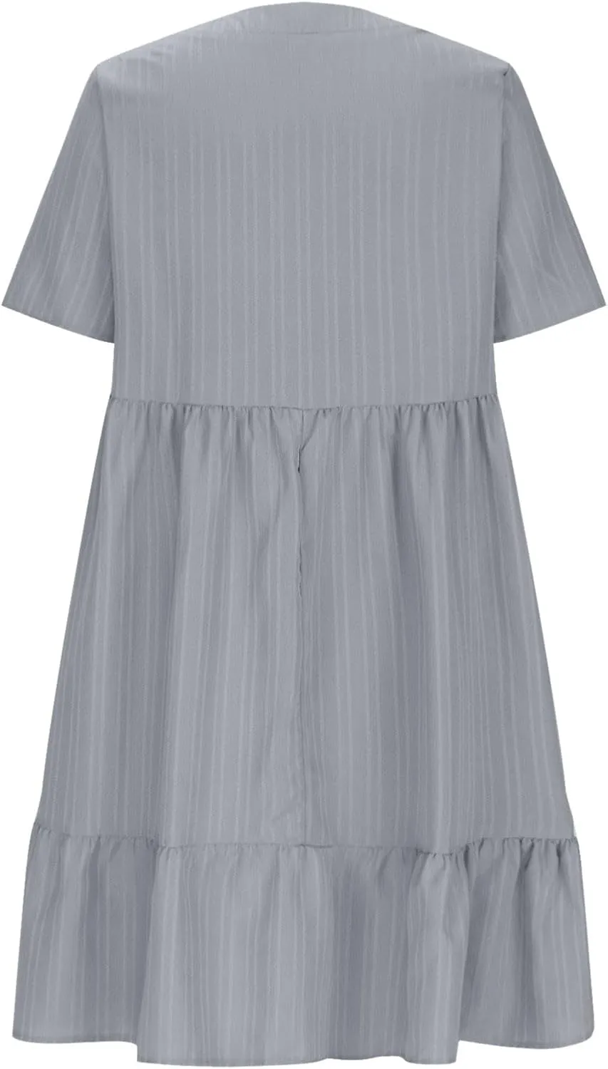 Women Fashion Summer V-Neck Dresses Casual Lightweight Solid Color Short Sleeve Formal Party Swing Pleated Home Dress