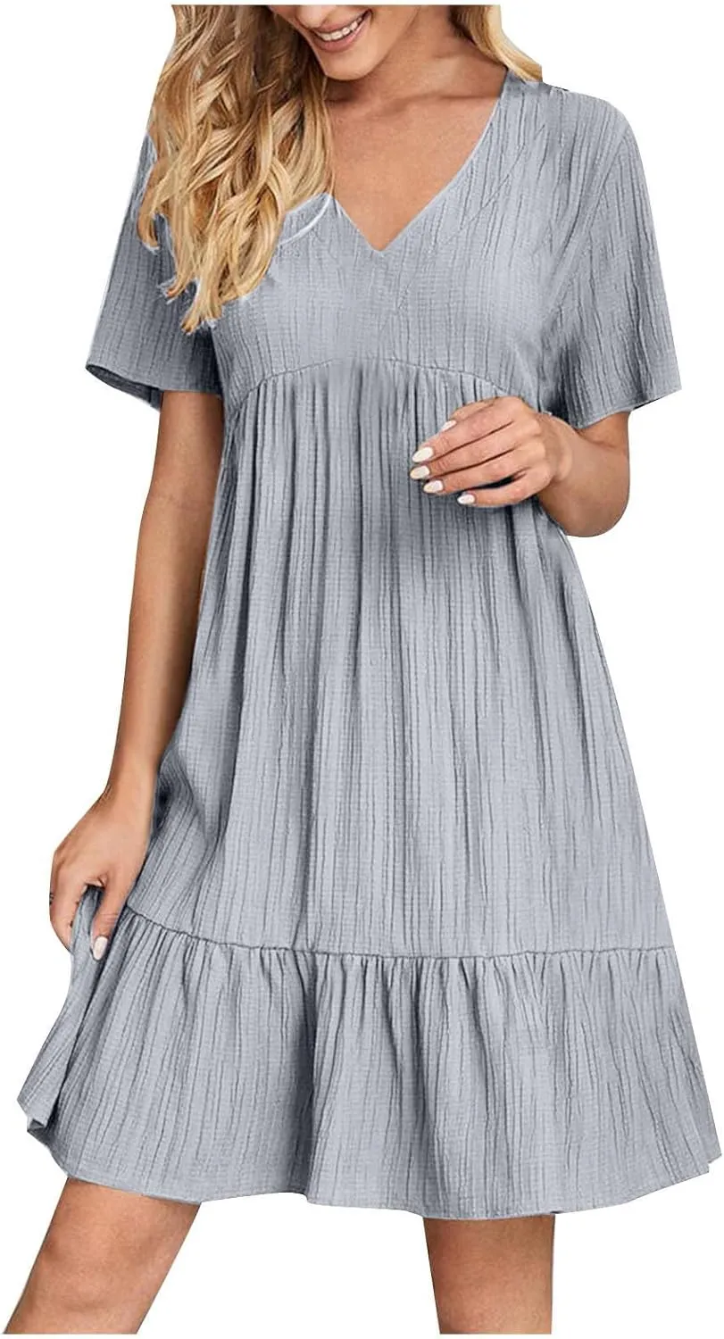 Women Fashion Summer V-Neck Dresses Casual Lightweight Solid Color Short Sleeve Formal Party Swing Pleated Home Dress