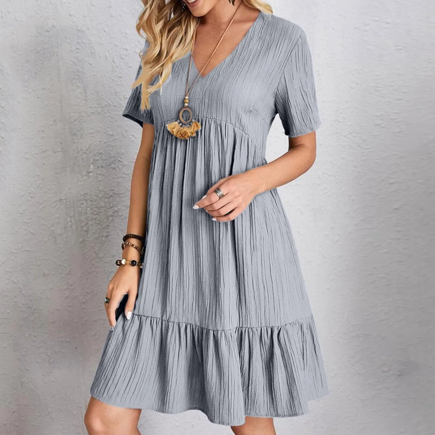 Women Fashion Summer V-Neck Dresses Casual Lightweight Solid Color Short Sleeve Formal Party Swing Pleated Home Dress