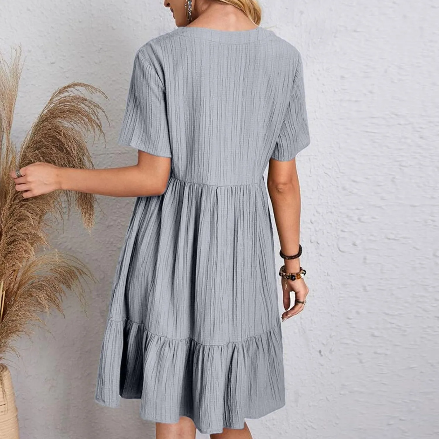 Women Fashion Summer V-Neck Dresses Casual Lightweight Solid Color Short Sleeve Formal Party Swing Pleated Home Dress