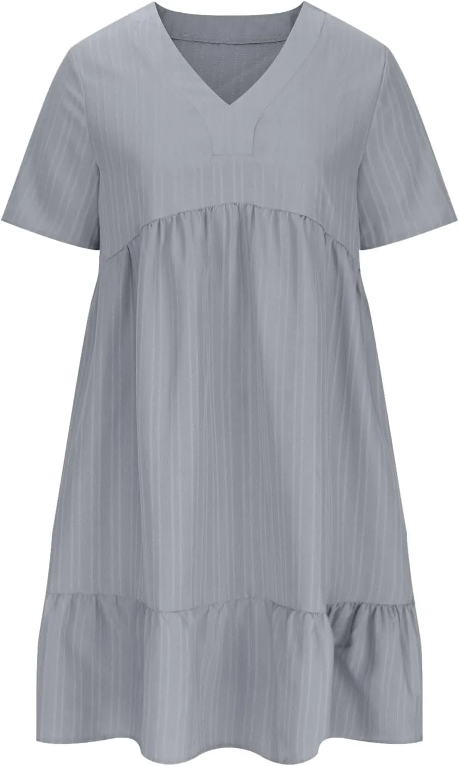 Women Fashion Summer V-Neck Dresses Casual Lightweight Solid Color Short Sleeve Formal Party Swing Pleated Home Dress