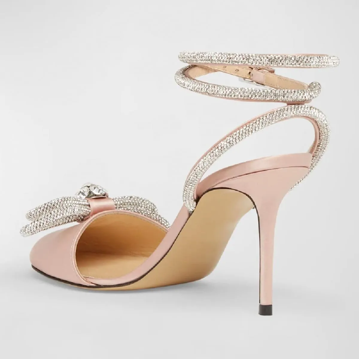 Women Gorgeous Bow Rhinestone Strappy Thin High Heel Sandals Glossy Round Toe Crossed Ankle Strap Wedding Evening Dress Pumps Size 4-16 US