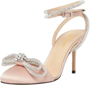 Women Gorgeous Bow Rhinestone Strappy Thin High Heel Sandals Glossy Round Toe Crossed Ankle Strap Wedding Evening Dress Pumps Size 4-16 US