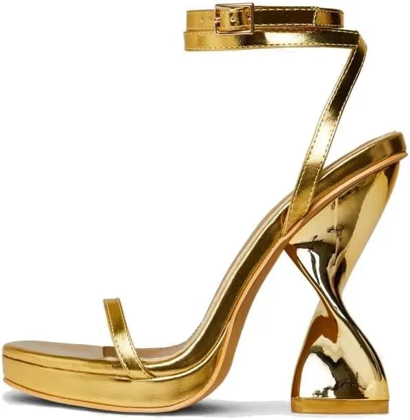 Women Lace Up Strappy Sandals Heels Distorted High Heel Open Toe Cross Ankle Strap Summer Party Dress Shoes (Gold,9)