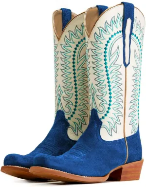 Women Mid Calf Cowboy Boots Embroidered Square Toe Chunky Heel Western Boots Calf High Two Tone 2” Stacked Heel Cowgirl Calf Boots Patchwork Matte Suede Pull On Wide Calf 4-11 M US