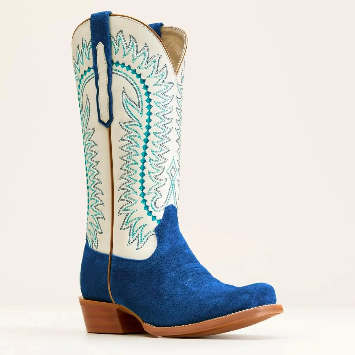 Women Mid Calf Cowboy Boots Embroidered Square Toe Chunky Heel Western Boots Calf High Two Tone 2” Stacked Heel Cowgirl Calf Boots Patchwork Matte Suede Pull On Wide Calf 4-11 M US