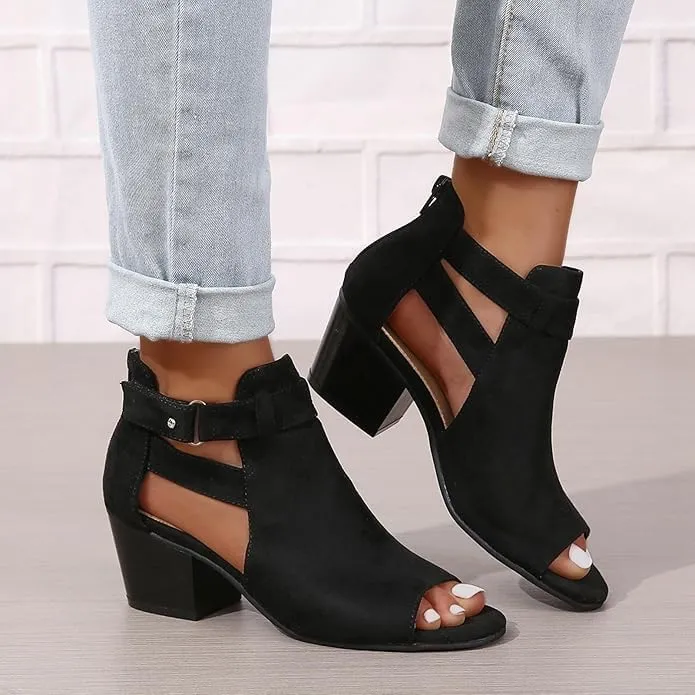 Women Peep Toe Sandals Ankle Booties Chunky Heels Cutout Back Zipper Sandal Suede Side Ankle Strap Dress Western Shoes B-Black,6.5