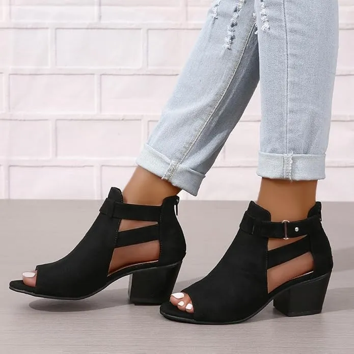 Women Peep Toe Sandals Ankle Booties Chunky Heels Cutout Back Zipper Sandal Suede Side Ankle Strap Dress Western Shoes B-Black,6.5