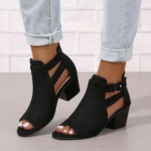 Women Peep Toe Sandals Ankle Booties Chunky Heels Cutout Back Zipper Sandal Suede Side Ankle Strap Dress Western Shoes B-Black,6.5