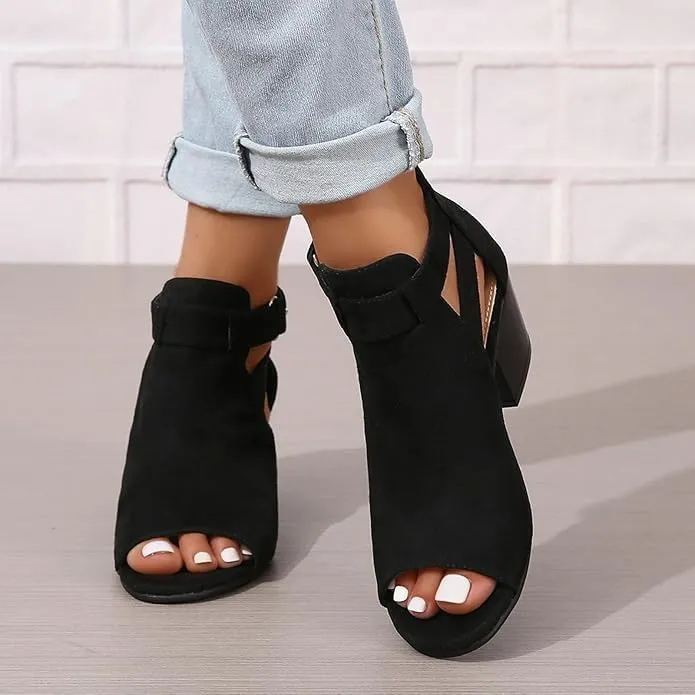 Women Peep Toe Sandals Ankle Booties Chunky Heels Cutout Back Zipper Sandal Suede Side Ankle Strap Dress Western Shoes B-Black,6.5