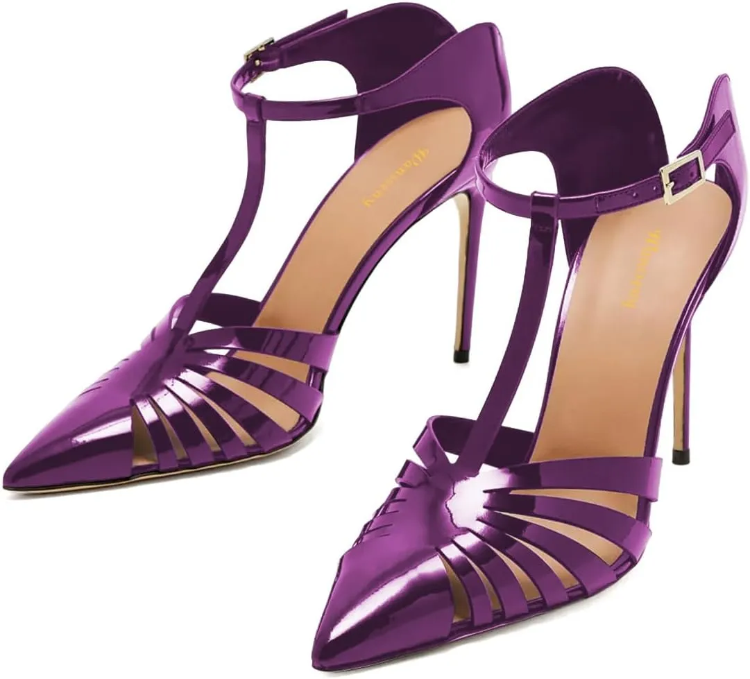 Women Pointed Toe Hollow Out Pumps T-Strap Adjustable Buckle Stiletto High Heels Glossy Patent Leather Evening Dress Sandals Size 4-16 US