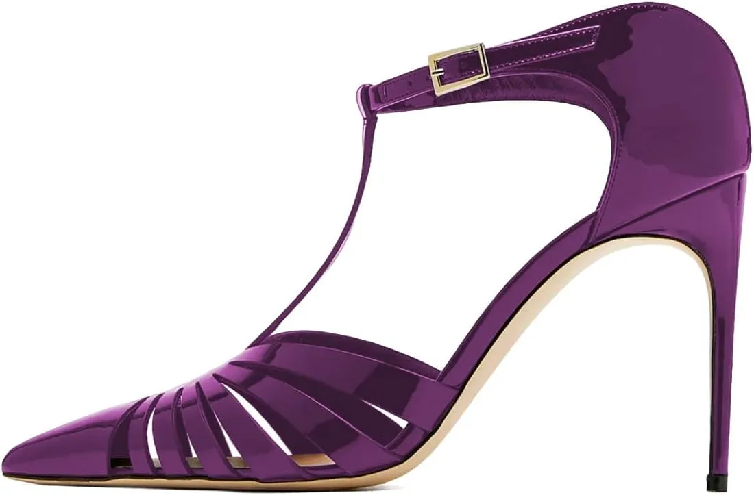 Women Pointed Toe Hollow Out Pumps T-Strap Adjustable Buckle Stiletto High Heels Glossy Patent Leather Evening Dress Sandals Size 4-16 US