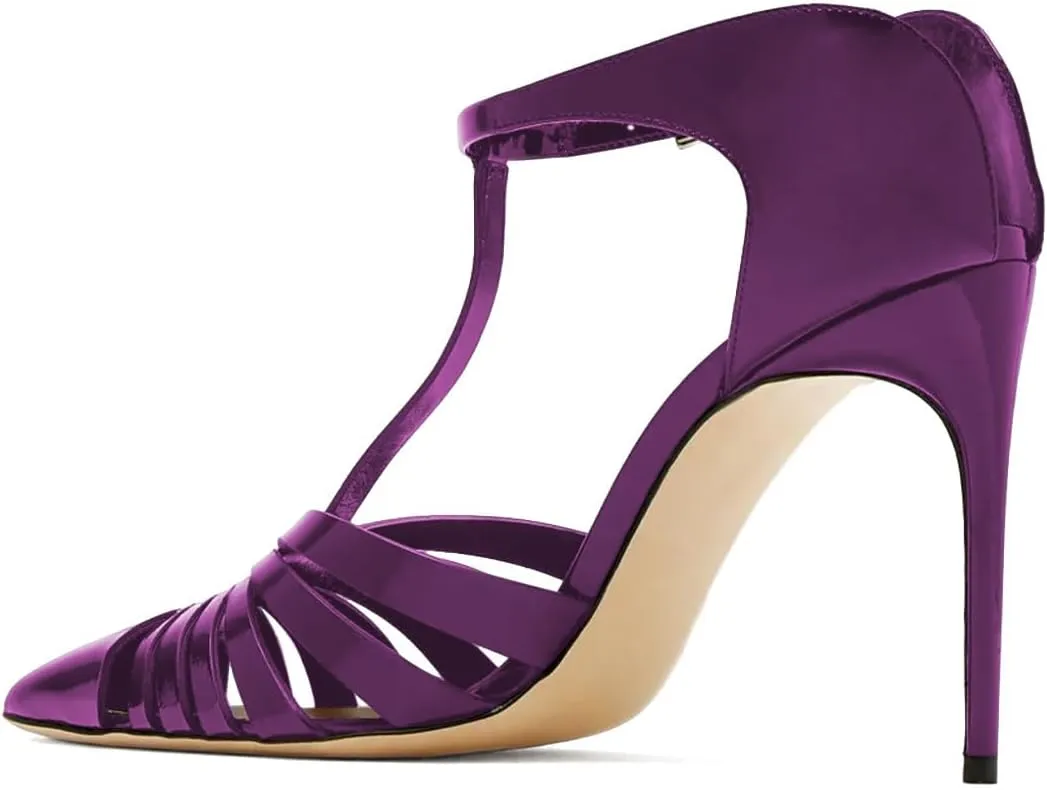 Women Pointed Toe Hollow Out Pumps T-Strap Adjustable Buckle Stiletto High Heels Glossy Patent Leather Evening Dress Sandals Size 4-16 US