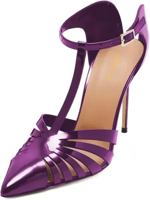 Women Pointed Toe Hollow Out Pumps T-Strap Adjustable Buckle Stiletto High Heels Glossy Patent Leather Evening Dress Sandals Size 4-16 US