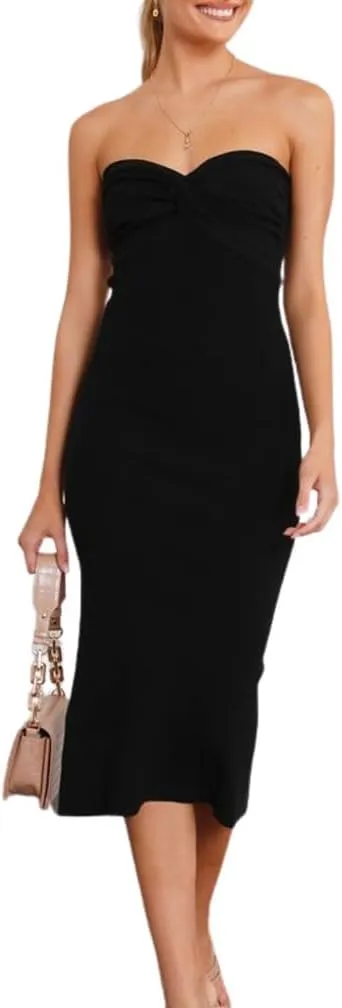 Women Sexy Twist Front Knit Bodycon Maxi Tube Dress Strapless Sweetheart Neck Backless Slit Bandeau Long Dress