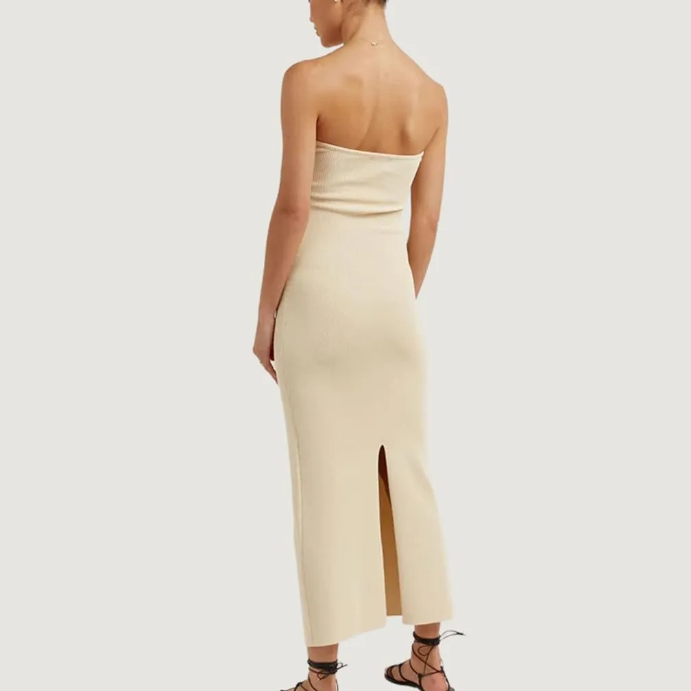Women Sexy Twist Front Knit Bodycon Maxi Tube Dress Strapless Sweetheart Neck Backless Slit Bandeau Long Dress
