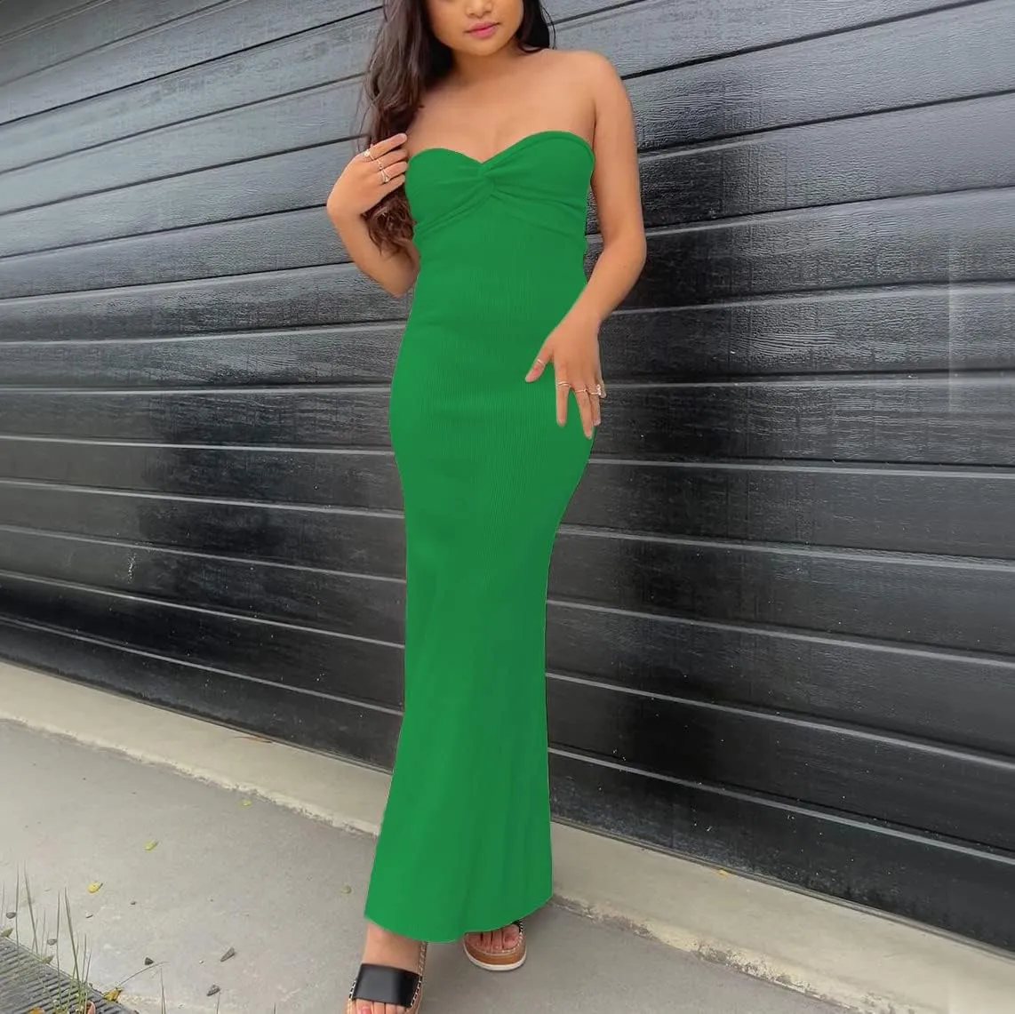 Women Sexy Twist Front Knit Bodycon Maxi Tube Dress Strapless Sweetheart Neck Backless Slit Bandeau Long Dress