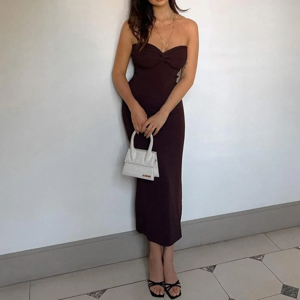 Women Sexy Twist Front Knit Bodycon Maxi Tube Dress Strapless Sweetheart Neck Backless Slit Bandeau Long Dress