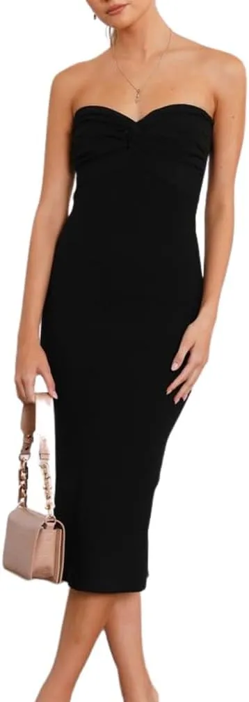 Women Sexy Twist Front Knit Bodycon Maxi Tube Dress Strapless Sweetheart Neck Backless Slit Bandeau Long Dress