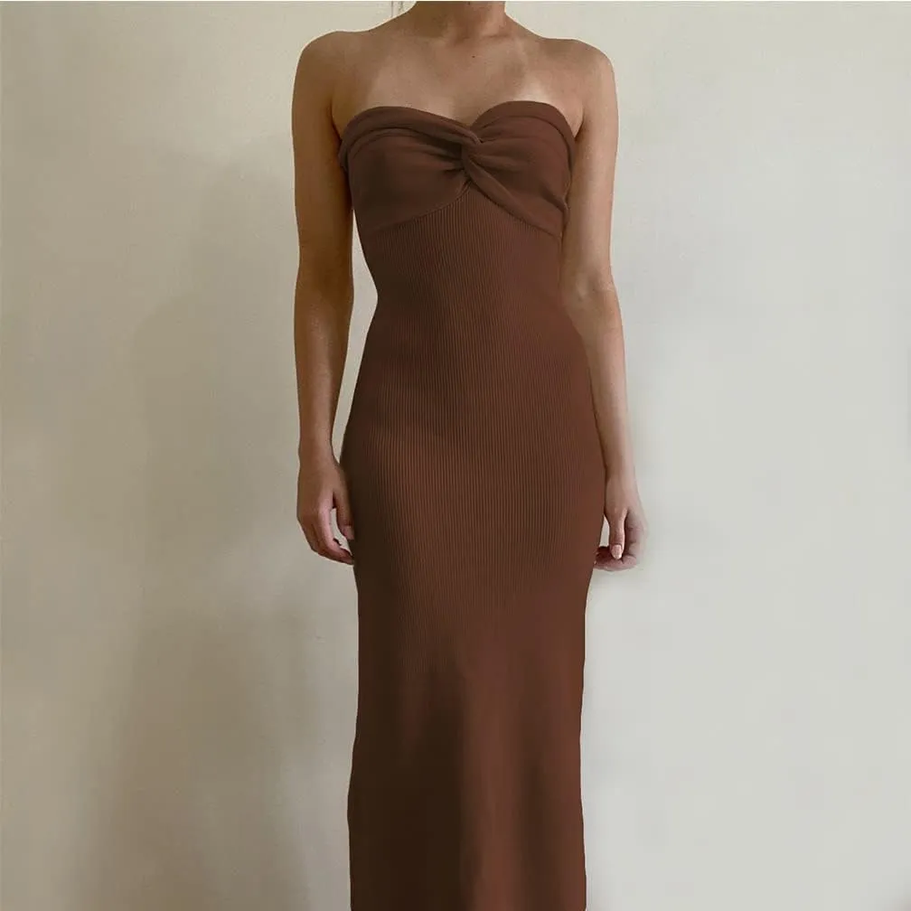 Women Sexy Twist Front Knit Bodycon Maxi Tube Dress Strapless Sweetheart Neck Backless Slit Bandeau Long Dress