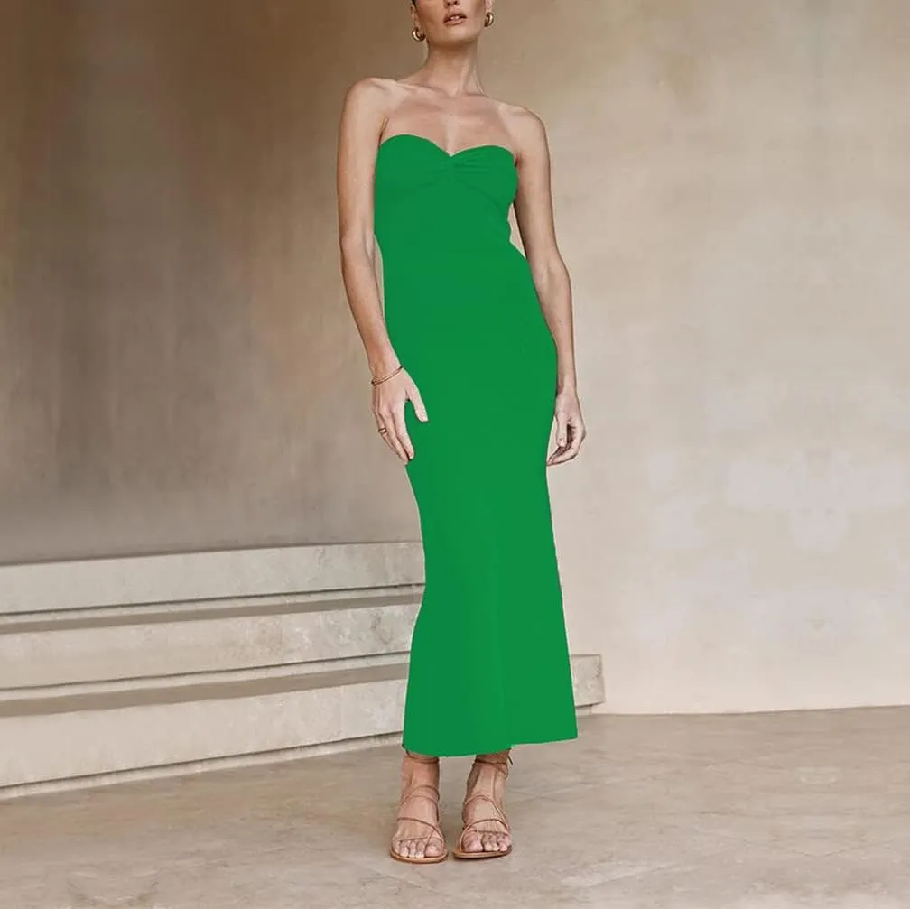 Women Sexy Twist Front Knit Bodycon Maxi Tube Dress Strapless Sweetheart Neck Backless Slit Bandeau Long Dress