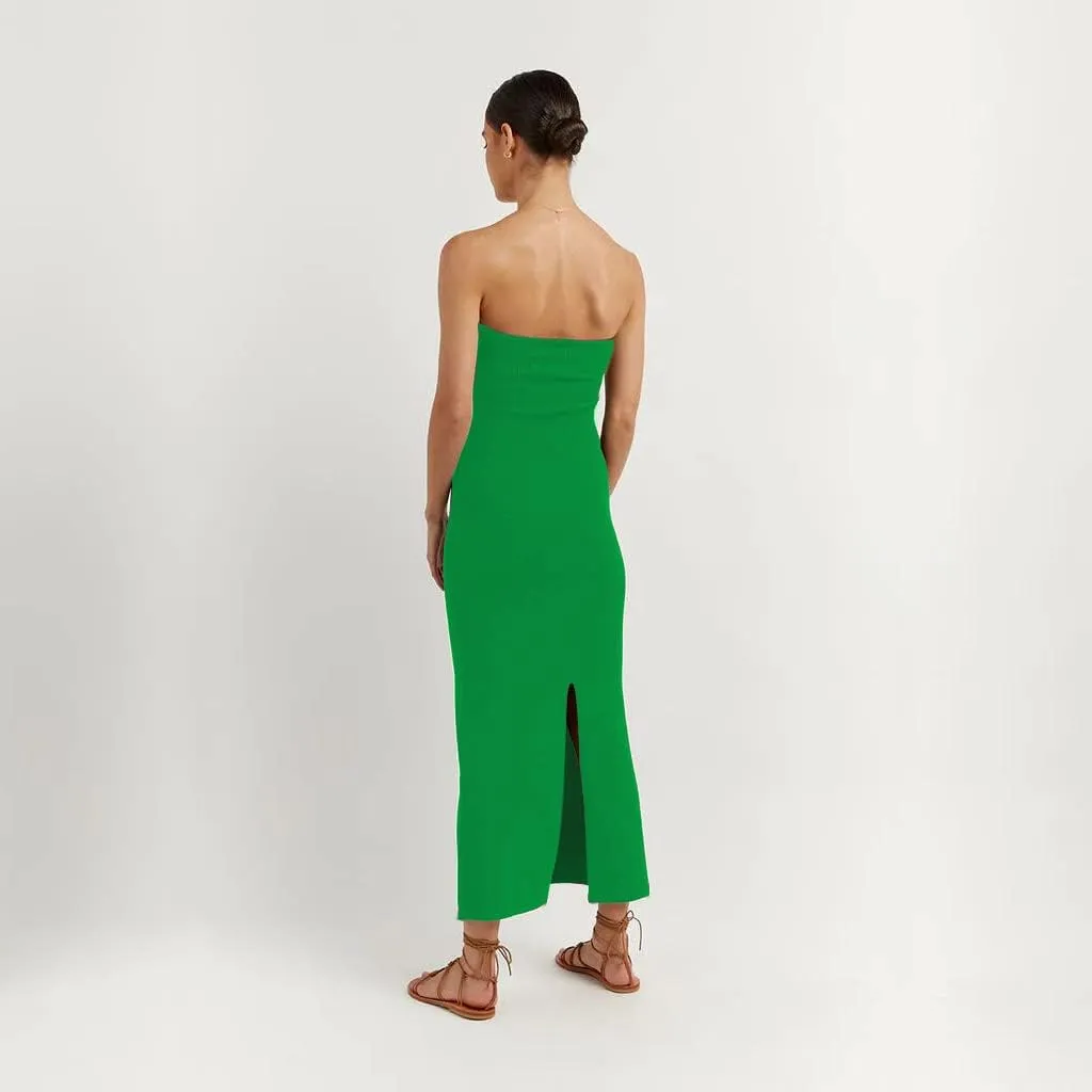 Women Sexy Twist Front Knit Bodycon Maxi Tube Dress Strapless Sweetheart Neck Backless Slit Bandeau Long Dress