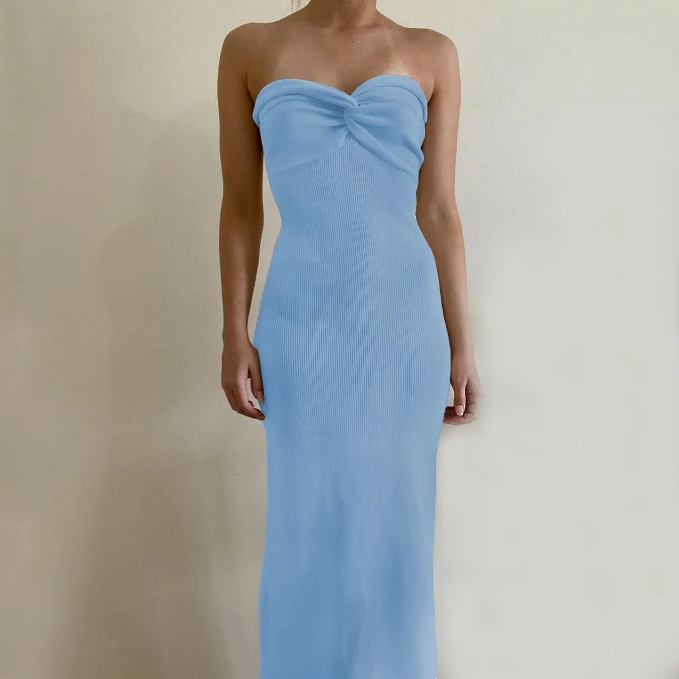 Women Sexy Twist Front Knit Bodycon Maxi Tube Dress Strapless Sweetheart Neck Backless Slit Bandeau Long Dress