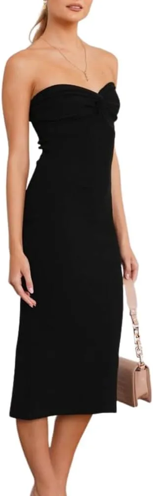 Women Sexy Twist Front Knit Bodycon Maxi Tube Dress Strapless Sweetheart Neck Backless Slit Bandeau Long Dress