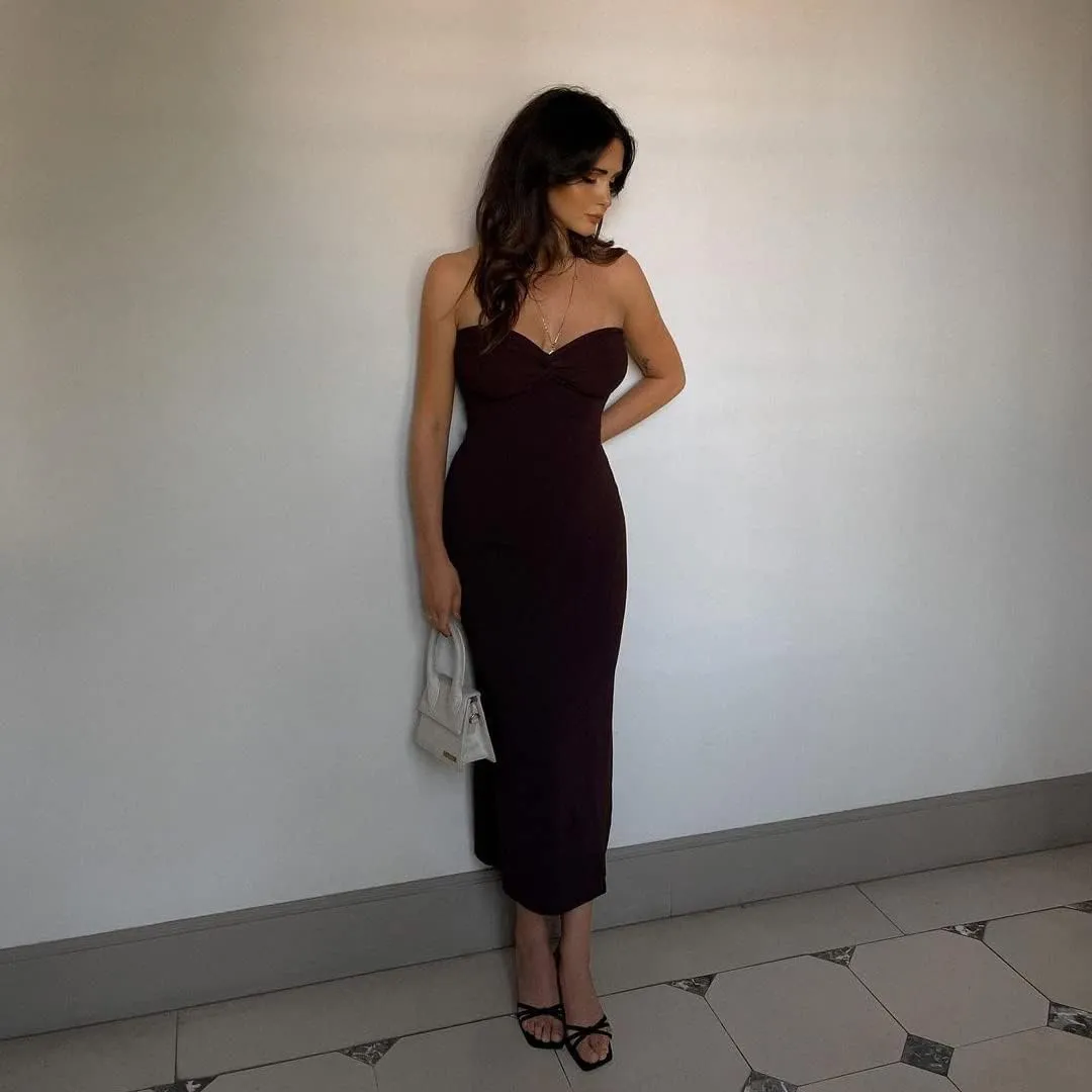 Women Sexy Twist Front Knit Bodycon Maxi Tube Dress Strapless Sweetheart Neck Backless Slit Bandeau Long Dress