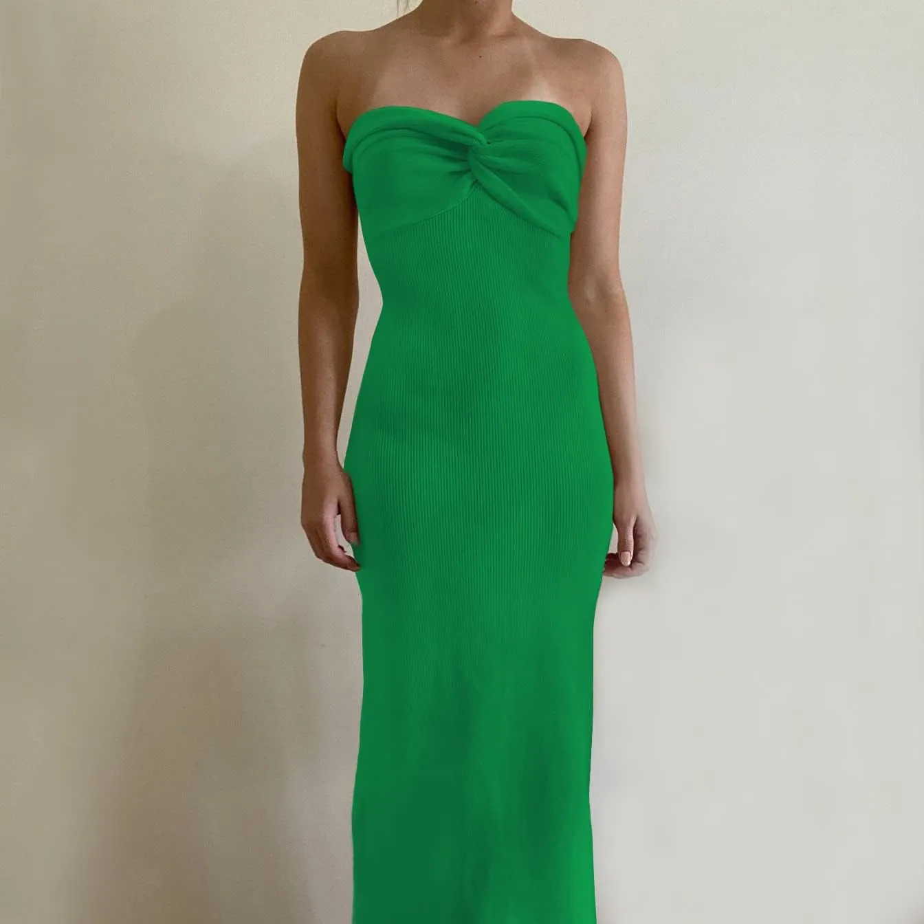 Women Sexy Twist Front Knit Bodycon Maxi Tube Dress Strapless Sweetheart Neck Backless Slit Bandeau Long Dress